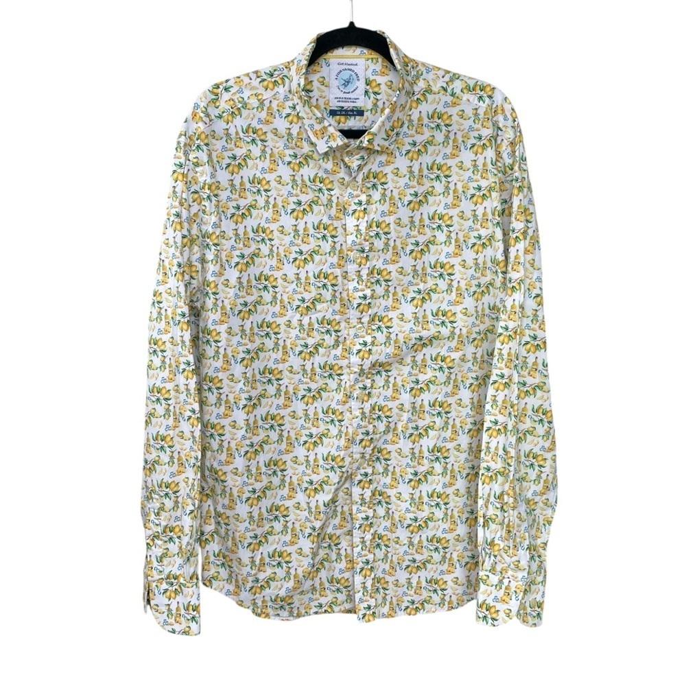 A FISH NAMED FRED Men’s Lemon Print Button Front Shirt White Yellow Green XL